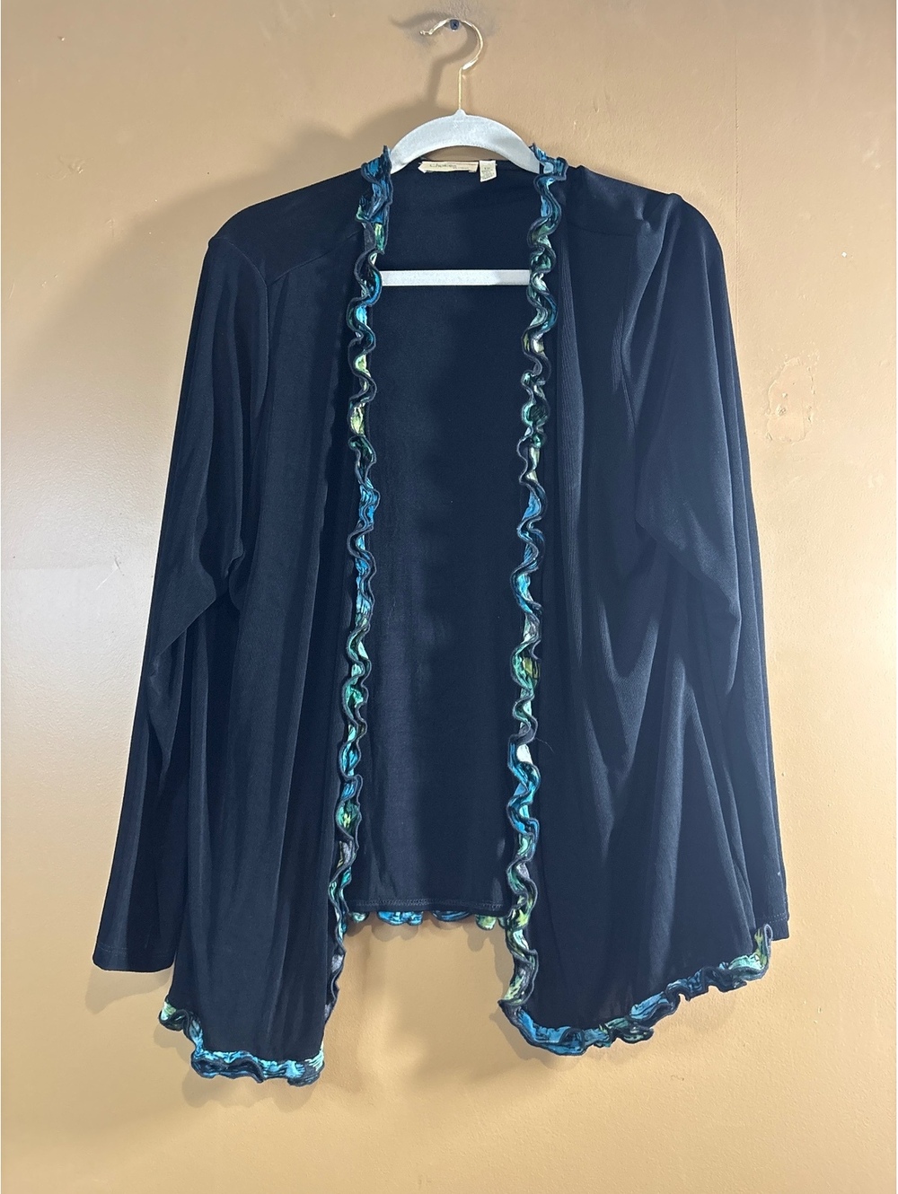 HC1158 Choices Woman Black Open Front Cardigan with Ruffled Trim Size 1X